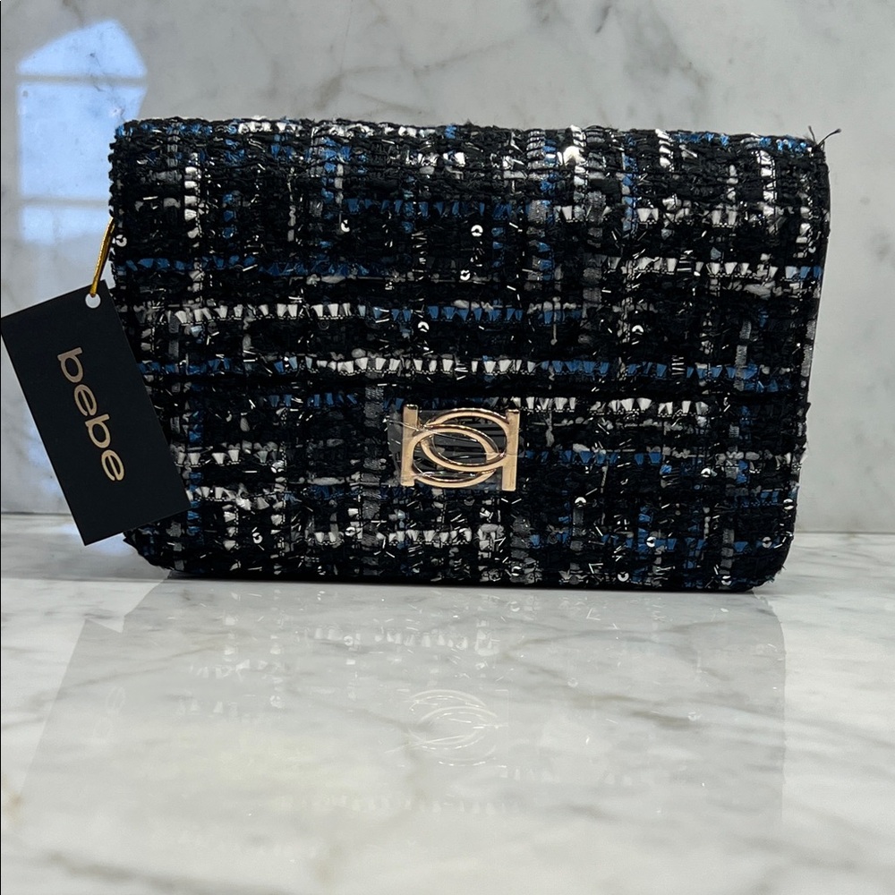 Bebe Elegant Black and Blue Tweed Wristlet